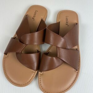 Luoika Brown Criss Cross Slide Sandals Size 7.5W Cognac Flat EUC